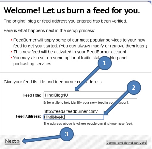 Welcome page. Set Blog title and feed address